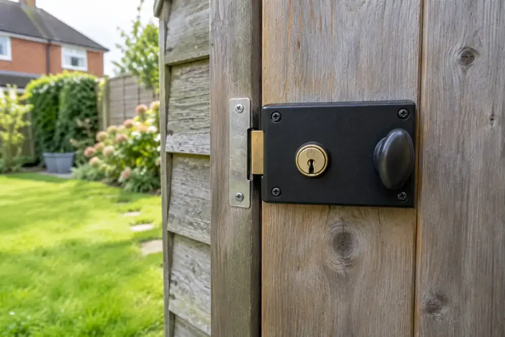 Surface-mounted lock on a timber garden shed door.