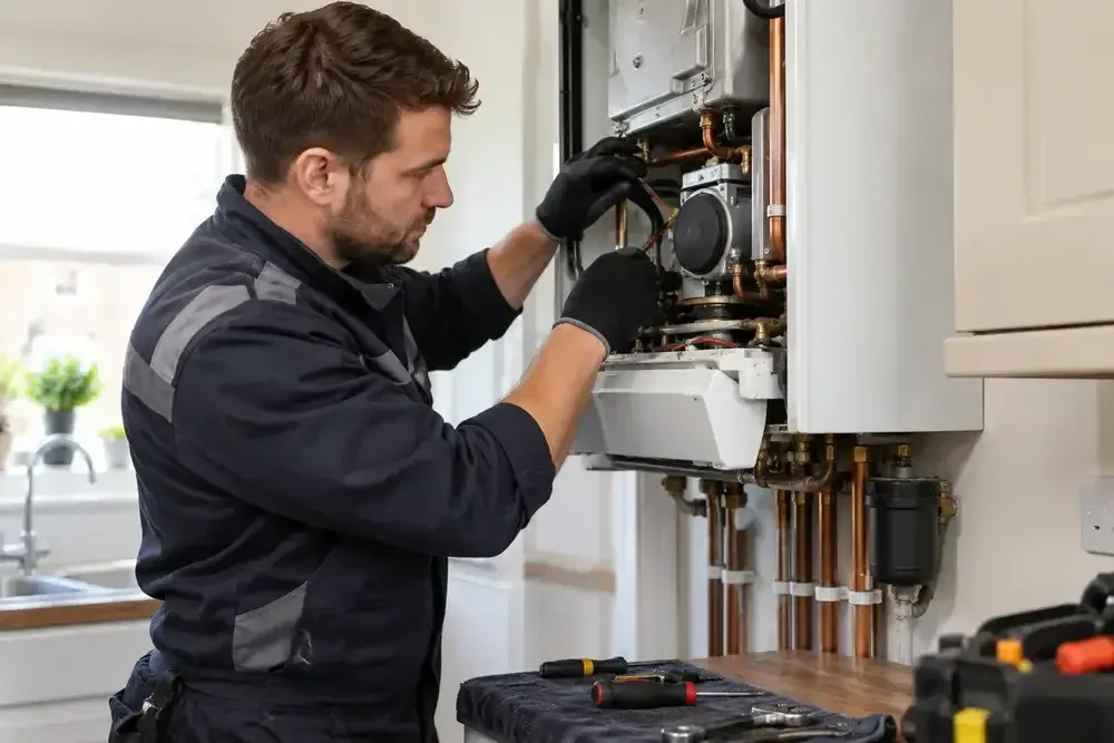 Heating engineer working inside an open wall-mounted boiler