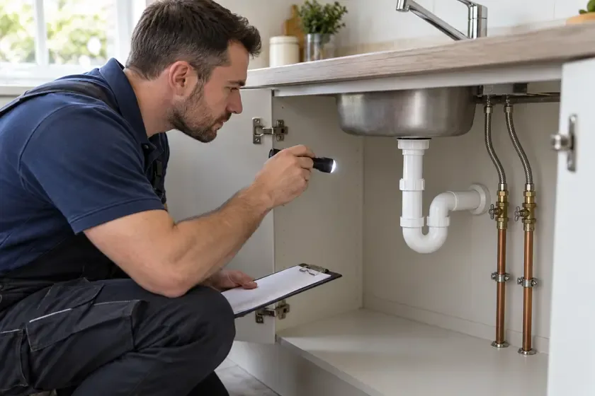 Plumber inspecting sink waste and supply pipes with a torch.