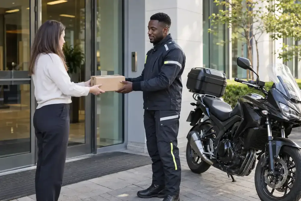 Courier completing a planned parcel handover outside an office