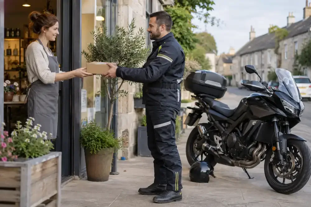 a motorcycle courier preparing or handing over a suitable consignment